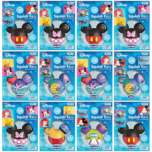 JA-RU Disney Squish Ears (12 Squishies Assorted) Super Soft, Slow Release Toy for Boys & Girls. Cute Fidget for Kids & Toddlers. Mickey & Minnie Mouse Head Squishy, Disney Characters Designs. 7831-12