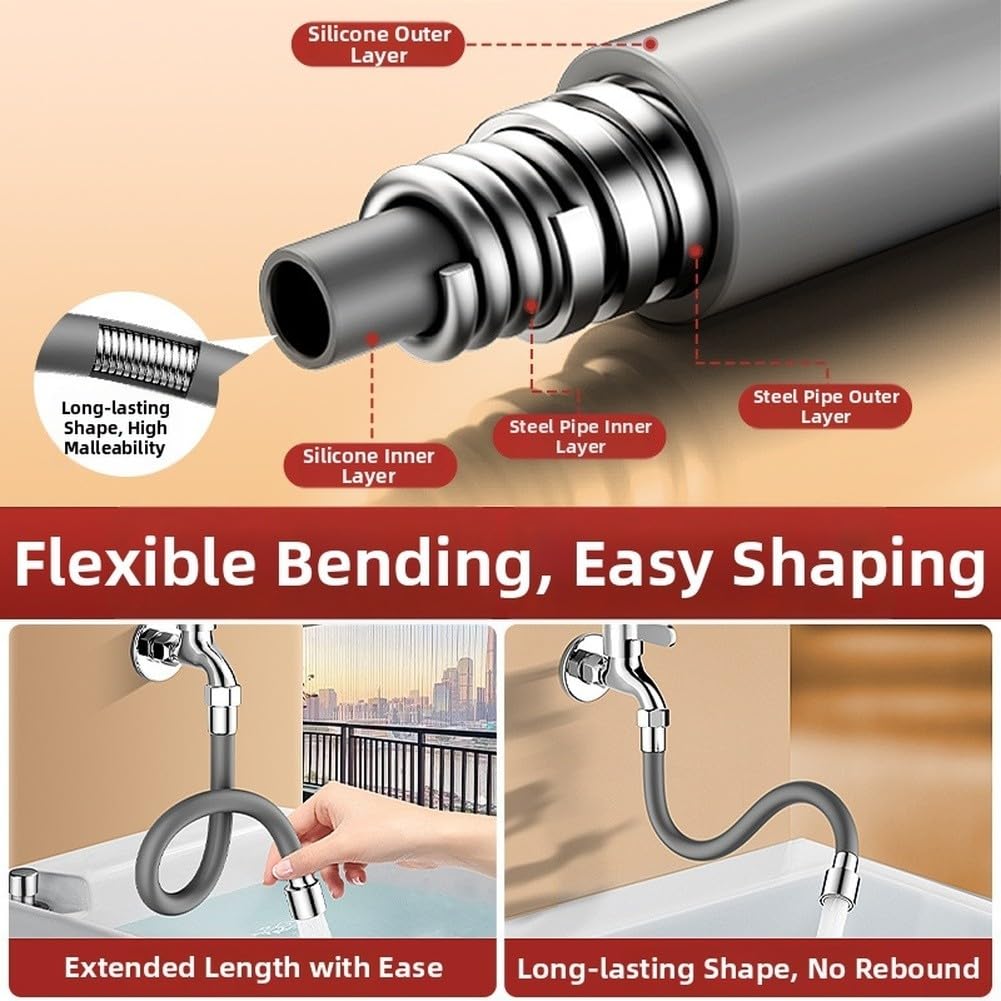 Manguera de extensión de grifo, opciones de longitud de 20-75 cm, tubo de silicona flexible, diseño giratorio de 360 grados, acero inoxidable resistente a altas temperaturas, aireador antisalpicaduras