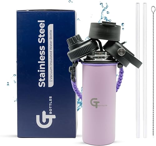 Miniatura 30 de Botella de agua de boca ancha aislada al vacío de acero inoxidable de 25 onzas con 3 tapas y mango de paracaídas para bebidas calientes y frías