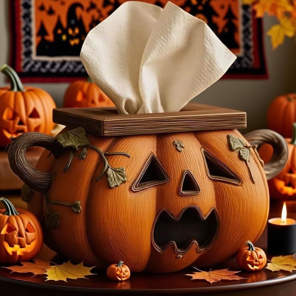 Uchwyt na pudełko na chusteczki z dynią na Halloween, rzeźbiony organizer na papier do twarzy, upiorny dozownik chusteczek do domu, łazienki, kuchni, dekoracji biura (3 szt.)