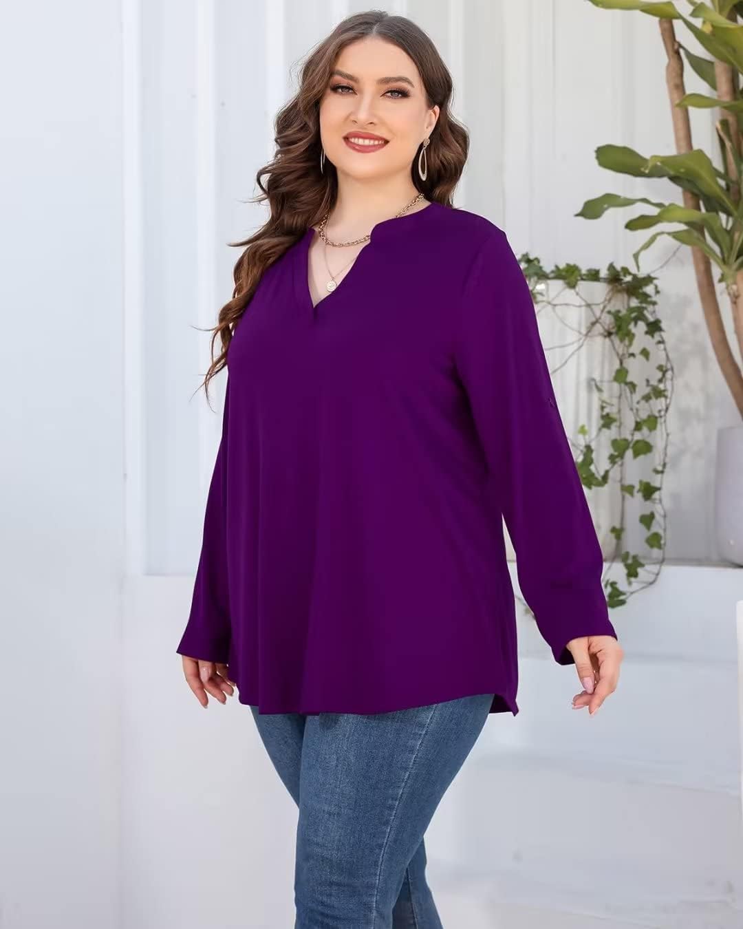 AMCLOS Womens Plus Size Tops V Neck Shirts Casual Blouses 3/4 Roll up Long Sleeve (Purple,3XL) - Image 5