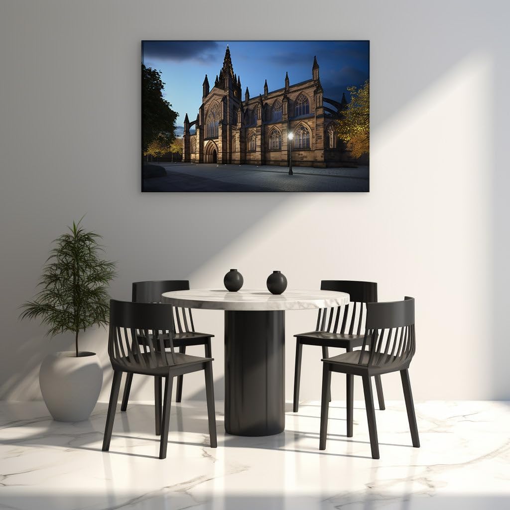 Canvas for Living room. Gothic Grandeur Illuminated: A Serene Night at the Historic Stone Cathedral, 27 x 18 inch Canvas Wall Art - Contemporary Masterpieces - Nature Home Decor