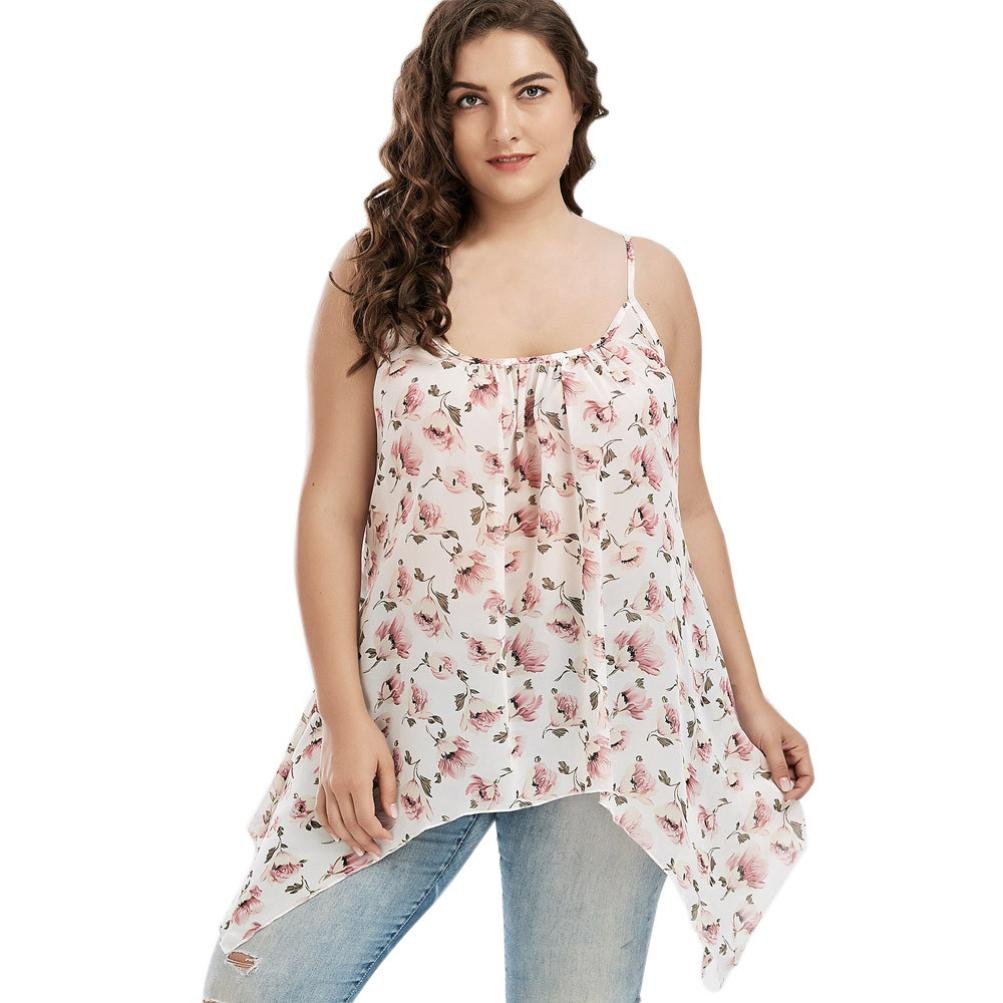 Plus Size Women Chiffon Floral Print Sleeveless Vest Blouse Tank Tops Camisole Summer Pink Cool Comfortable