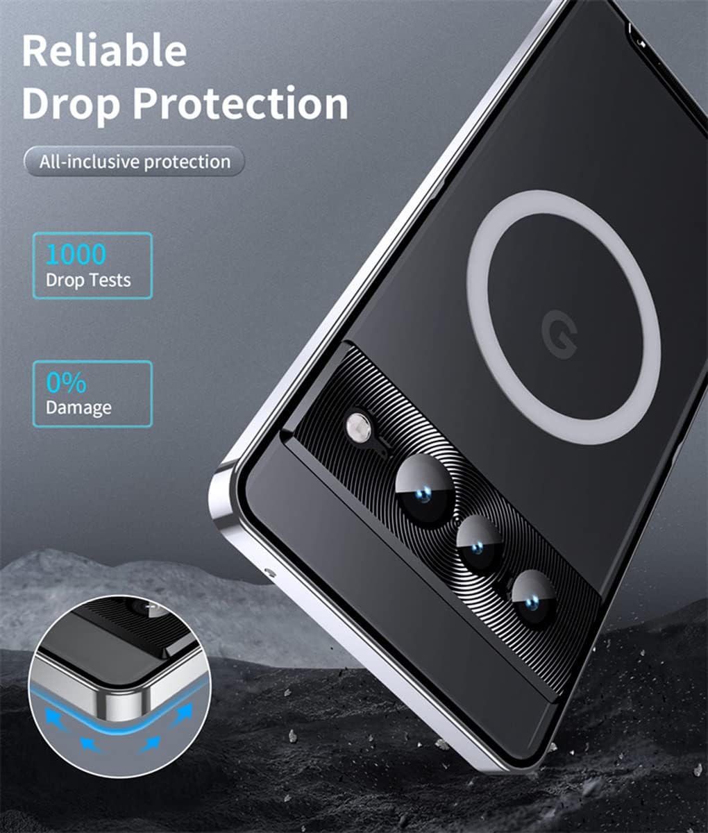 QUIETIP Magnetic Case Compatible with Google Pixel 7 Pro,Metal Frame with MagSafe Charger Lens Protection Shockproof Cover,Silver