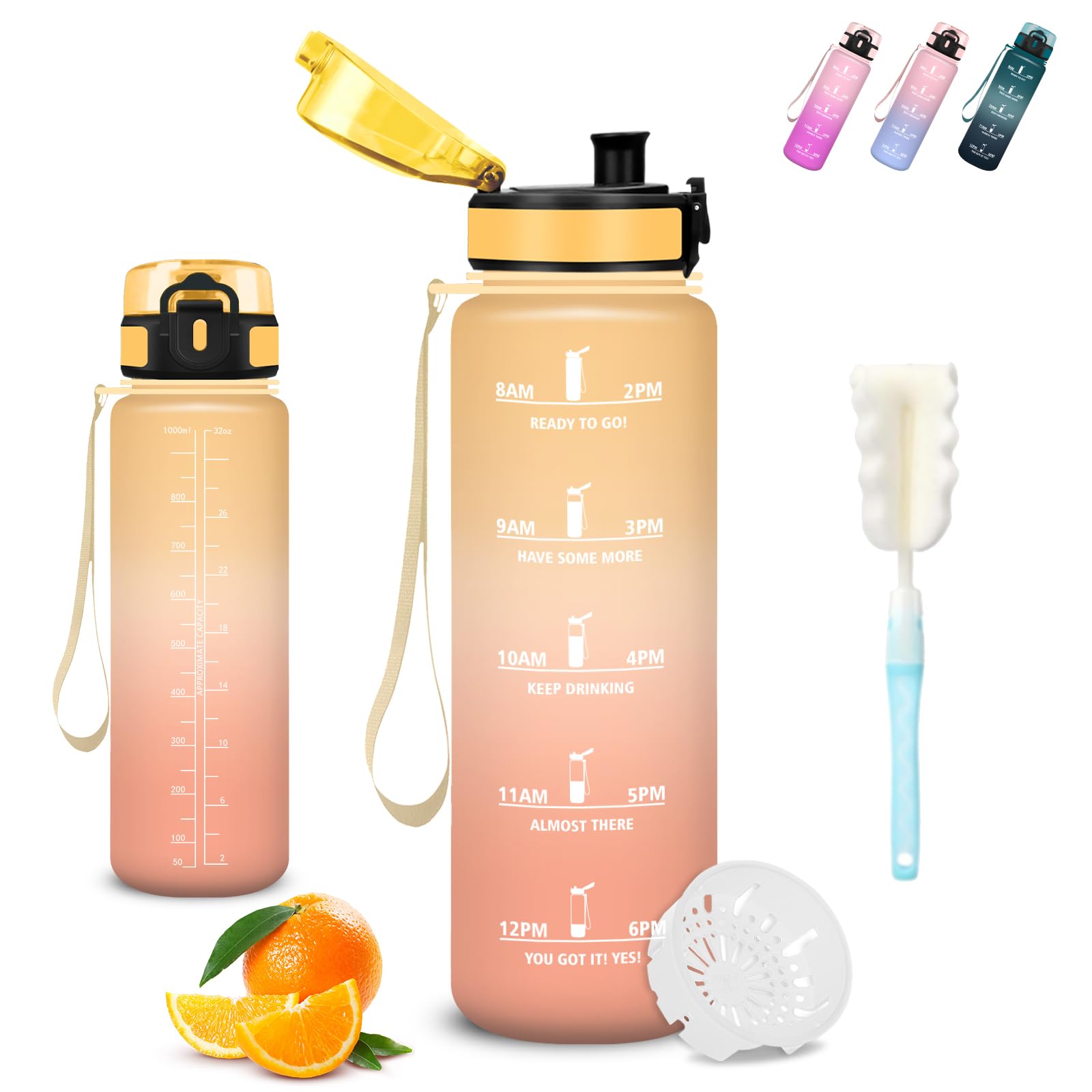 Mujigaga Gourde Sport, Gourde 1l, Anti Fuite, Gourdes Filtrante, Facile à Nettoyer, Gourdes Graduée pour 1 Journee, avec Brosse Éponge, Bouteille d'eau pour École, Camping, Natation, Gym, Triathlon - 2