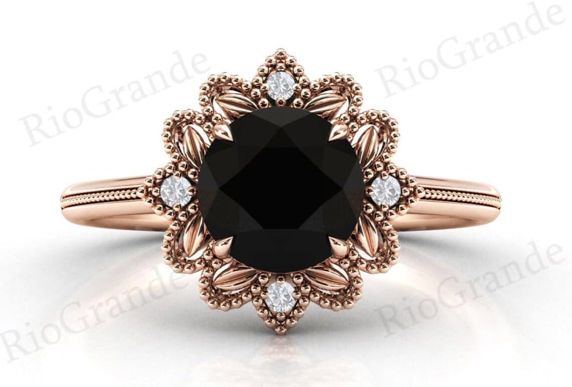 Vintage Black Onyx 2.5 CT Engagement Ring Antique Art Deco Leaf Style Black Onyx Wedding Ring 14k Gold Black Onyx Filigree Bridal Promise Ring Victorian Proposal Ring Anniversary Ring Perfact for Gift