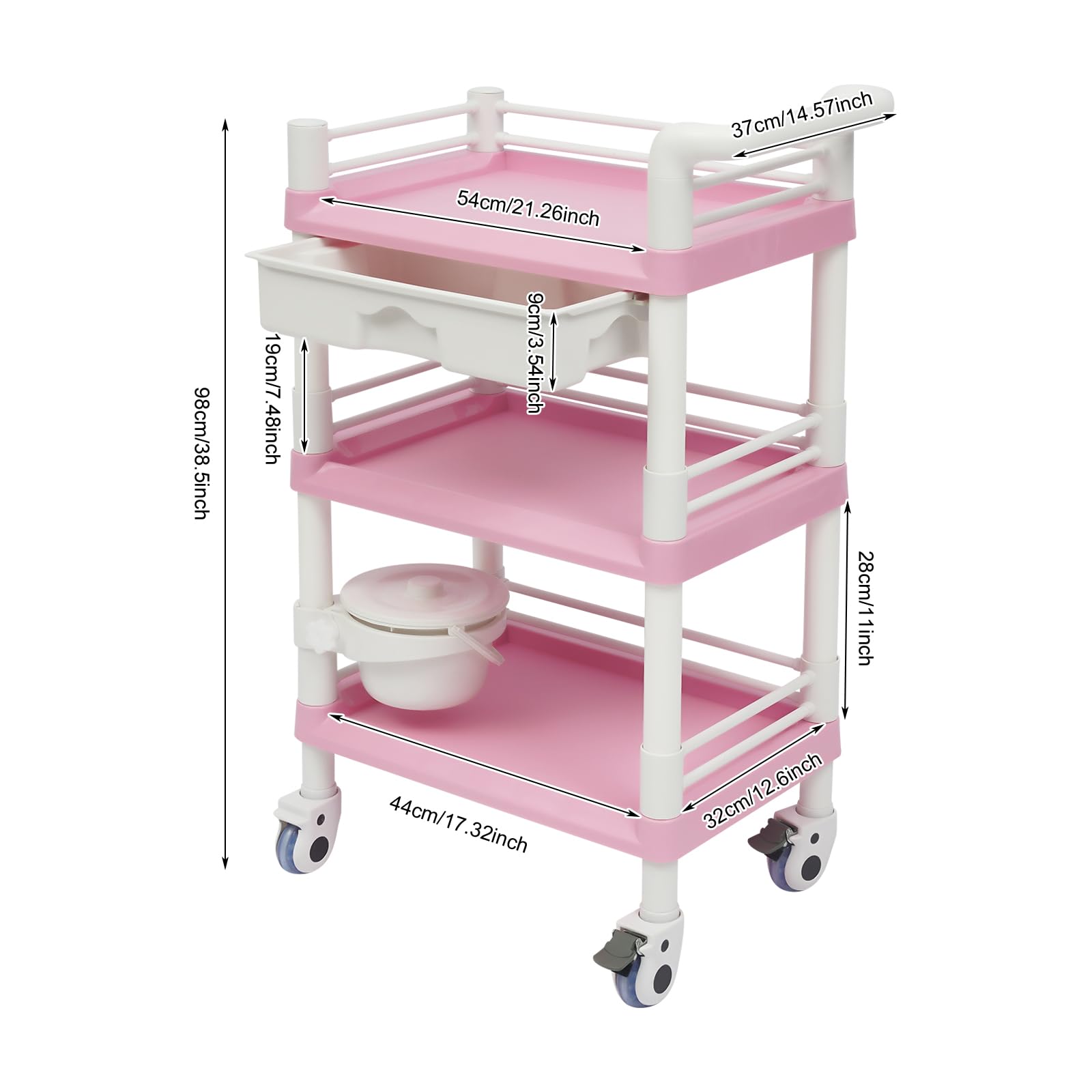 Carrito de salón Beauty con 3 estantes, cajón y cubo, carrito de almacenamiento enrollable para accesorios de belleza, salón de uñas, suministros de peluquería, color rosa y blanco, soporta 100 kg