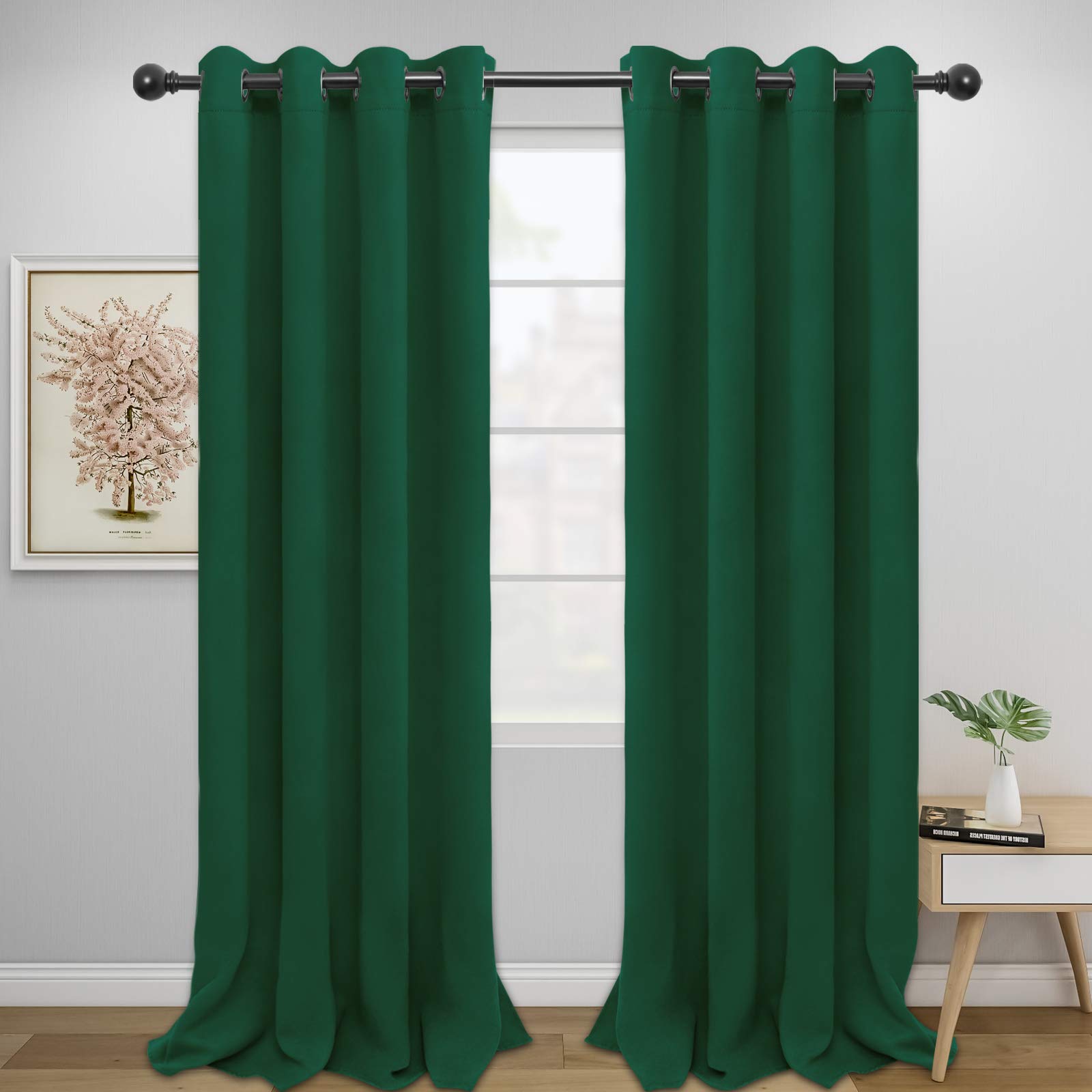 Easy-Going Blackout Curtains for Bedroom, Solid Thermal Insulated Grommet and Noise Reduction Window Drapes, Room Darkening Curtains for Living Room, 2 Panels(52x96 in,Dark Green)