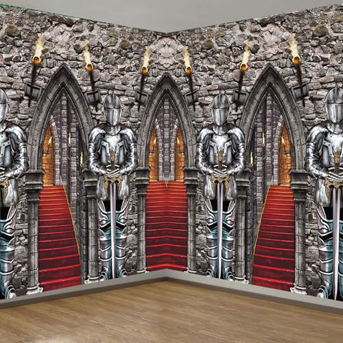 Tiamon NS-TIAMON-395 Medieval Knight Party Photography Backdrop Medieval Plastic 3D Backdrop Halloween Knight Castle Entrance Photo Booth Prop Medieval Tablecloths cover