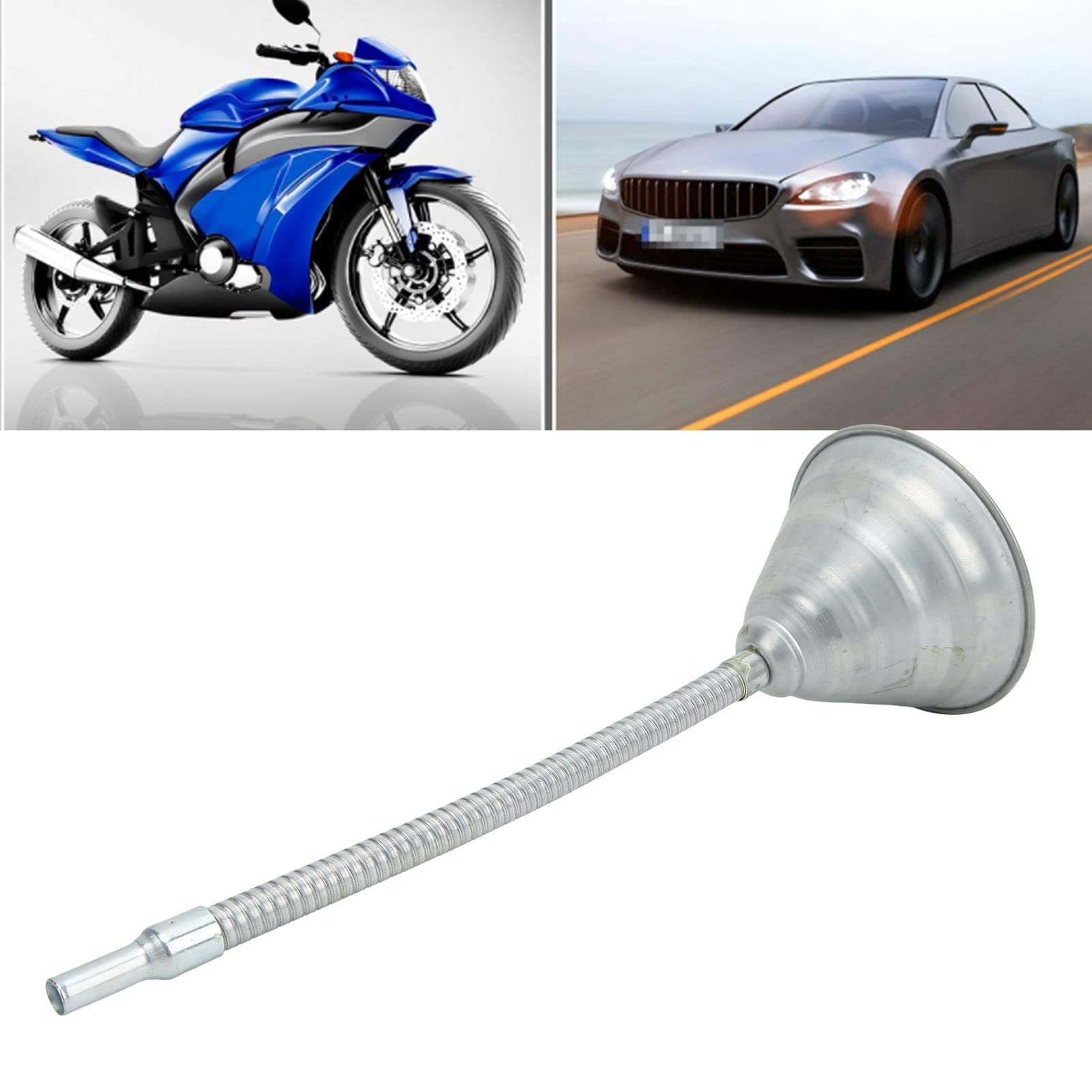 Embudo de aceite automotriz, embudo largo automotriz, embudo universal de cebado de acero al carbono con manguera flexible de 330 mm para coches, motocicletas, camiones, plateado