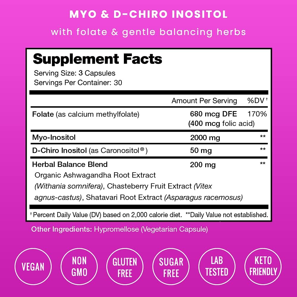 Myo-Inositol & D-Chiro Inositol Supplement [Natural 40:1 Ratio] B8 Powder Enhanced with Vitex & Folic Acid | Ovarian & PCOS Support + Fertility & Hormone Balance for Women & Men | 90 Vegan Capsules : Health & Household