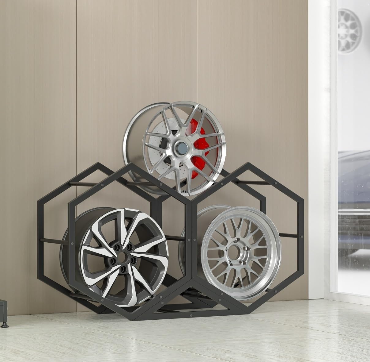 CGCSYZ Rims Tire Rack for Garage, Hexagon Display Rack, Steel Spare Tyre Organizer, Wheel Organizer Holder (A)