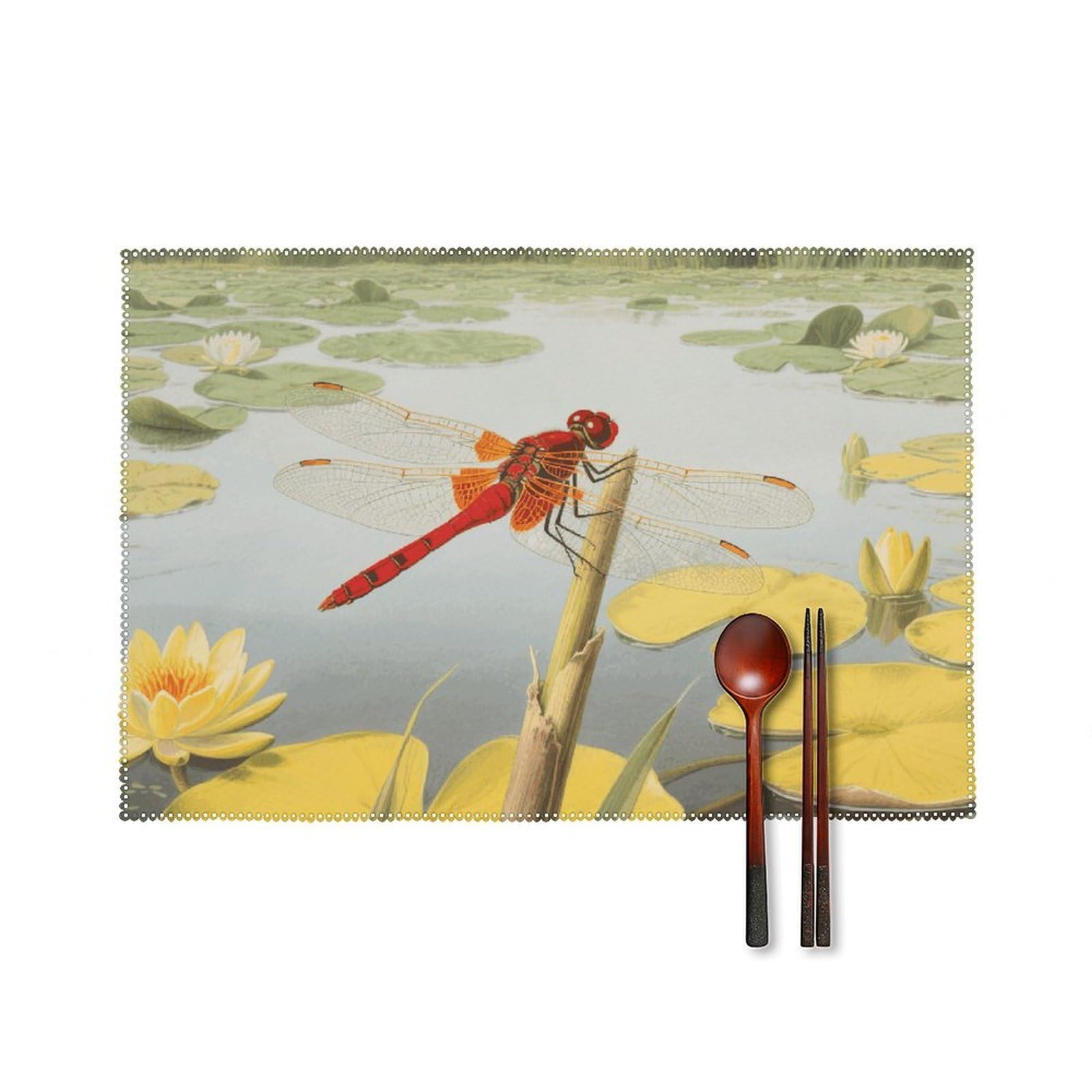 Dragonflies Placemats Set of 4 Heat Resistant Non-Slip Place Mats for Dining Table Washable Placemat Wipeable Dining Table Mat Canvas Place Mats Dining Table Decor