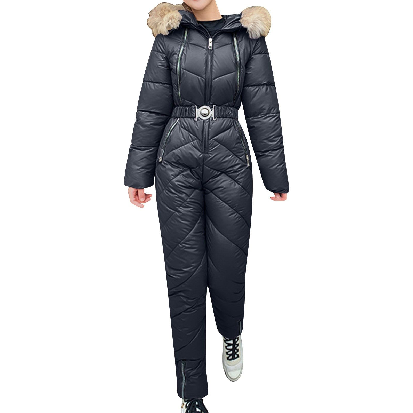Skianzug Damen Overall: Einteiler Skioverall Snowboard Winddichte Schneeanzug Winter Warme Schneejacke Skifahren Sätze mit Kapuze Reißverschluss Jumpsuit Skisuit Outdoor Langarm Skianzüge