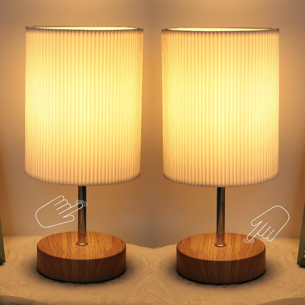HSLighting Nachttischlampe, Tischlampe mit Kabel Touch Dimmbare Einstellbar mit 3D-Falten Stoffschirm Minimalistische Tischleuchte für Weihnachten Nachttisch (2, Holzmaserung, Zylinder)