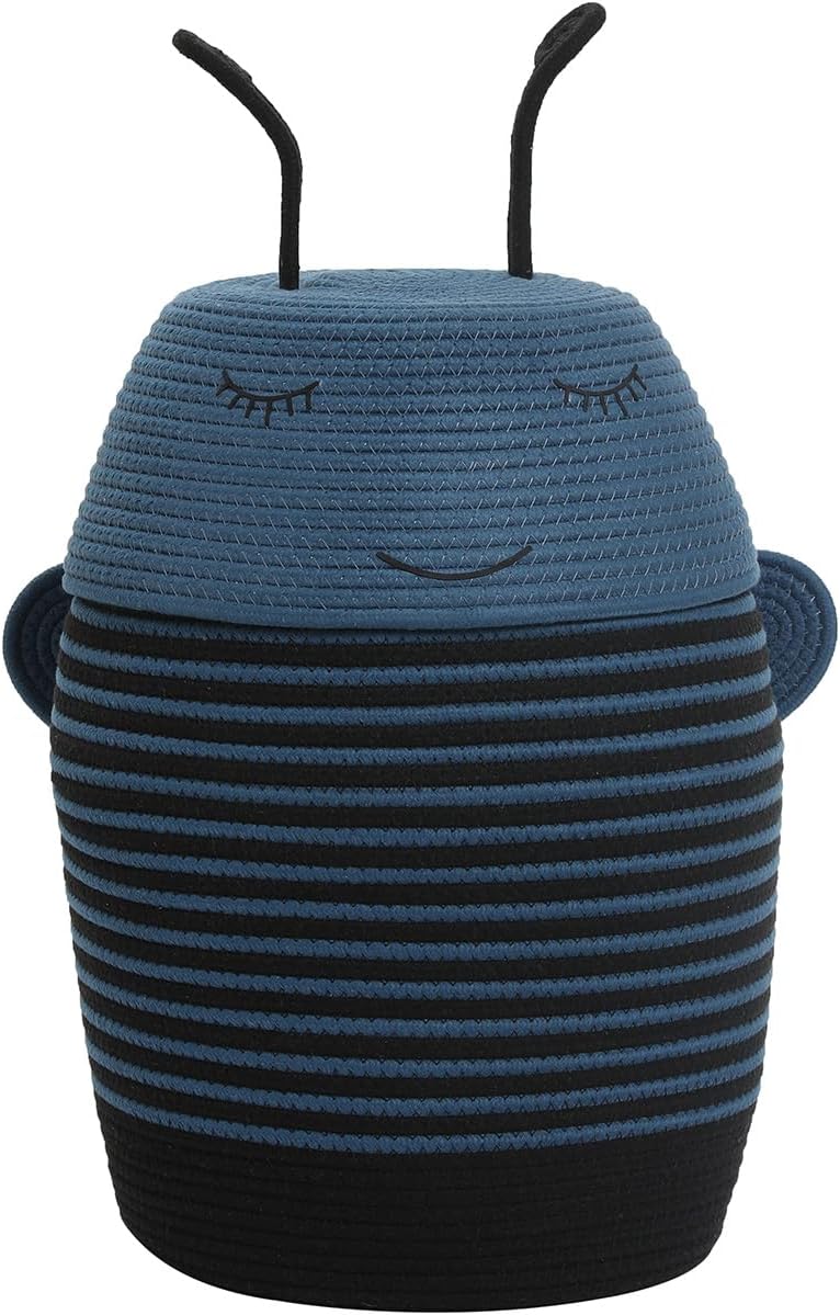 Cottonphant Handcrafted Animal Inspired Basket with Lid | Cotton Storage Solution for Organization in Bedroom | Perfect Organizer for a Shower or Retreat, Dark Blue Bee, 12"x18"
