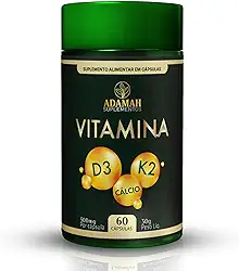 Vitamina D3 + K2 MK7 + Cálcio Adamah - D3 2000 UI + K2 Menaquinona + Cálcio 800mg - Suplemento para Saúde Óssea e Imunidade - 60 Cápsulas