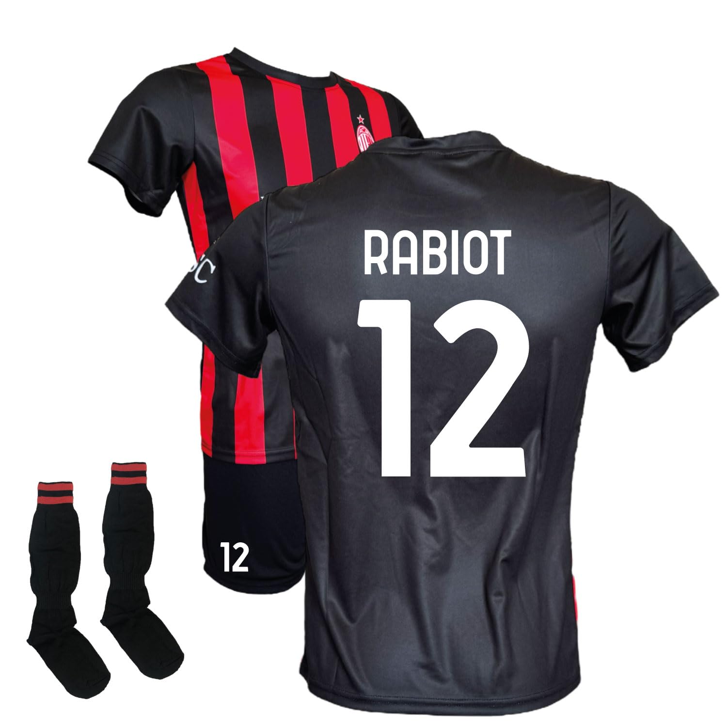 ACM 1899 Completo Rabiot 12 Maglia Pantaloncini Neri e Calzettoni, Replica Ufficiale 2025/2026, Rossonera a Strisce, Adulto e Bambino