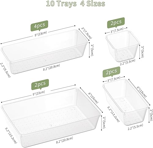 Miniatura 3 de Juego de 10 organizadores de cajones transparentes, 4 tamaños, bandejas de plástico para maquillaje con almohadillas de silicona antideslizantes,