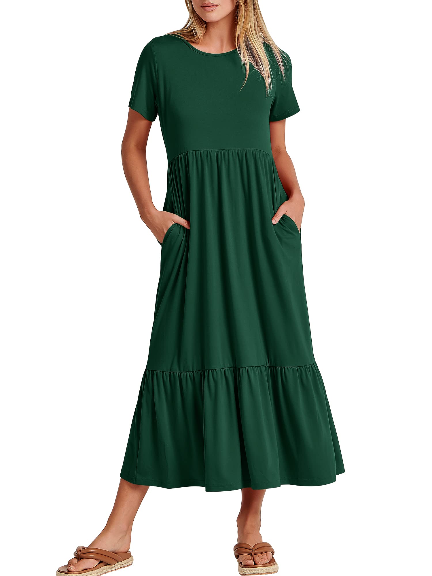 ANRABESSWomens 2025 Summer Casual Maxi Dress A line Tiered Flowy Short Sleeve Crewneck T Shirt Beach Travel Long Dresses