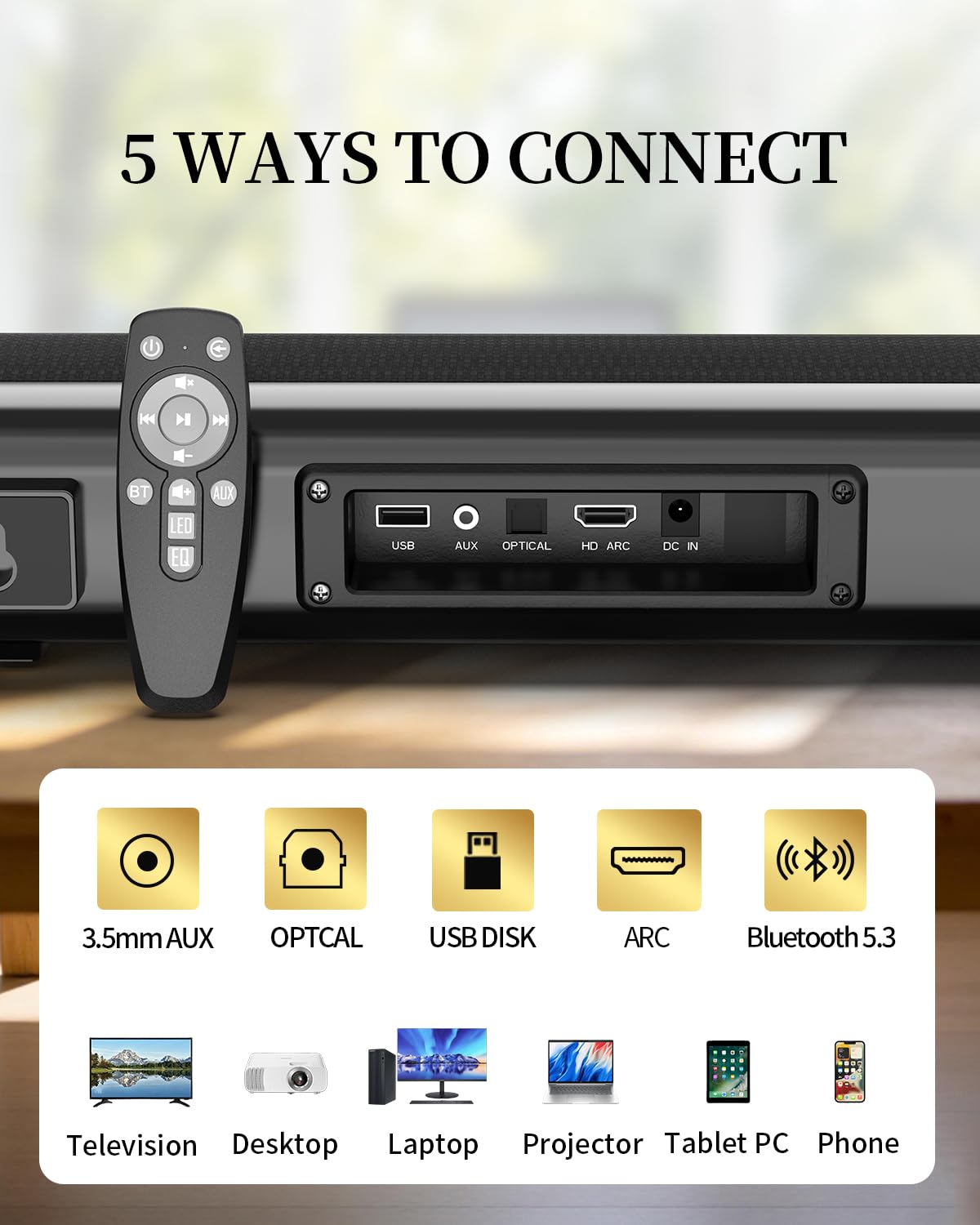 Barre de son pour Smart TV, barre de son, barre de son Bluetooth, avec optique/AUX/HD ARC, haut-parleurs Surround, système de son surround pour TV/PC/jeux/projecteurs, barre de son PC à