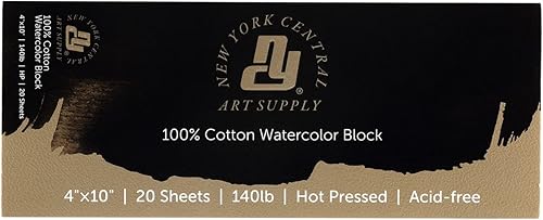 New York Central Bloque de acuarela, prensa caliente de 140 libras, 4 x 10 pulgadas, 20 hojas, papel de acuarela archival para artistas,