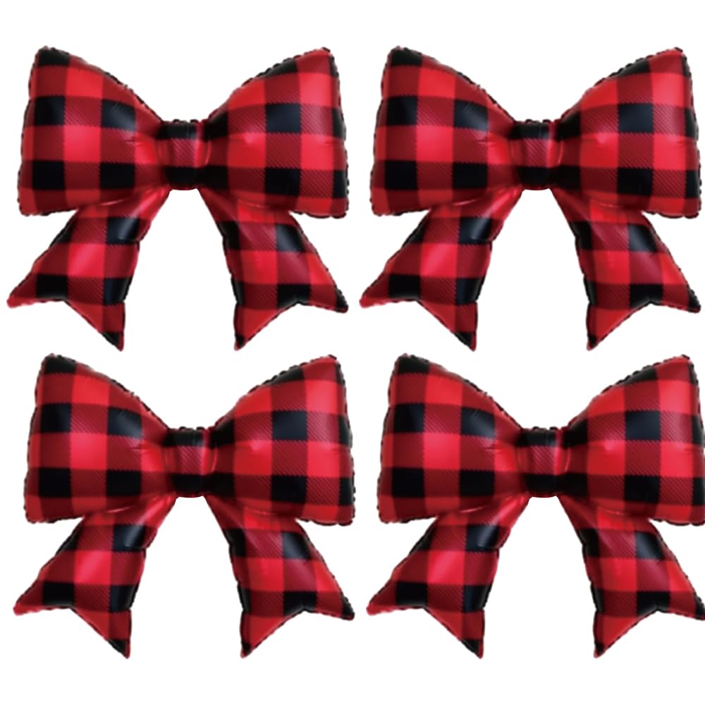 Buffalo Plaid Bow Foil Balloons, Buffalo Plaid Balloons,Black Red Checker Bow Mylar Balloons for Rustic Chrismas Party Decoration,Lumberjack Party Supplies, Woodland Party,Winter Holiday Decor