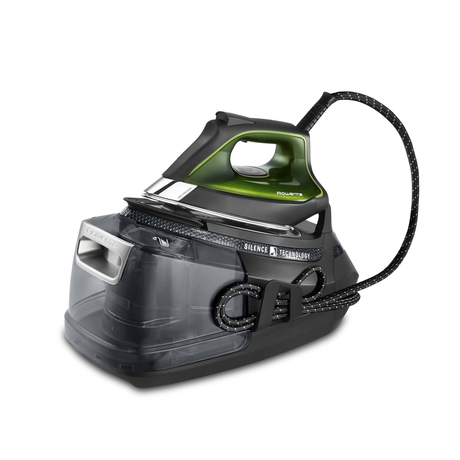 Rowenta Silence Steam Pro Dampfbügelstation, 2800 W, Dauerdampfmenge 150 g/Min, extra Dampfstoß 620 g/min, Eco-Funktion, 1300 ml abnehmbarer Wassertank, Schwarz/Grün, DG9248