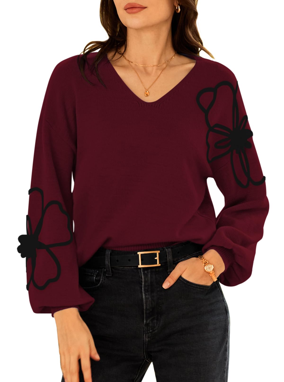 Pink Queen Womens Pullover Sweaters 2025 Knit Floral V Neck Tunic Pullover Long Sleeve Oversized Fall Casual Sweater