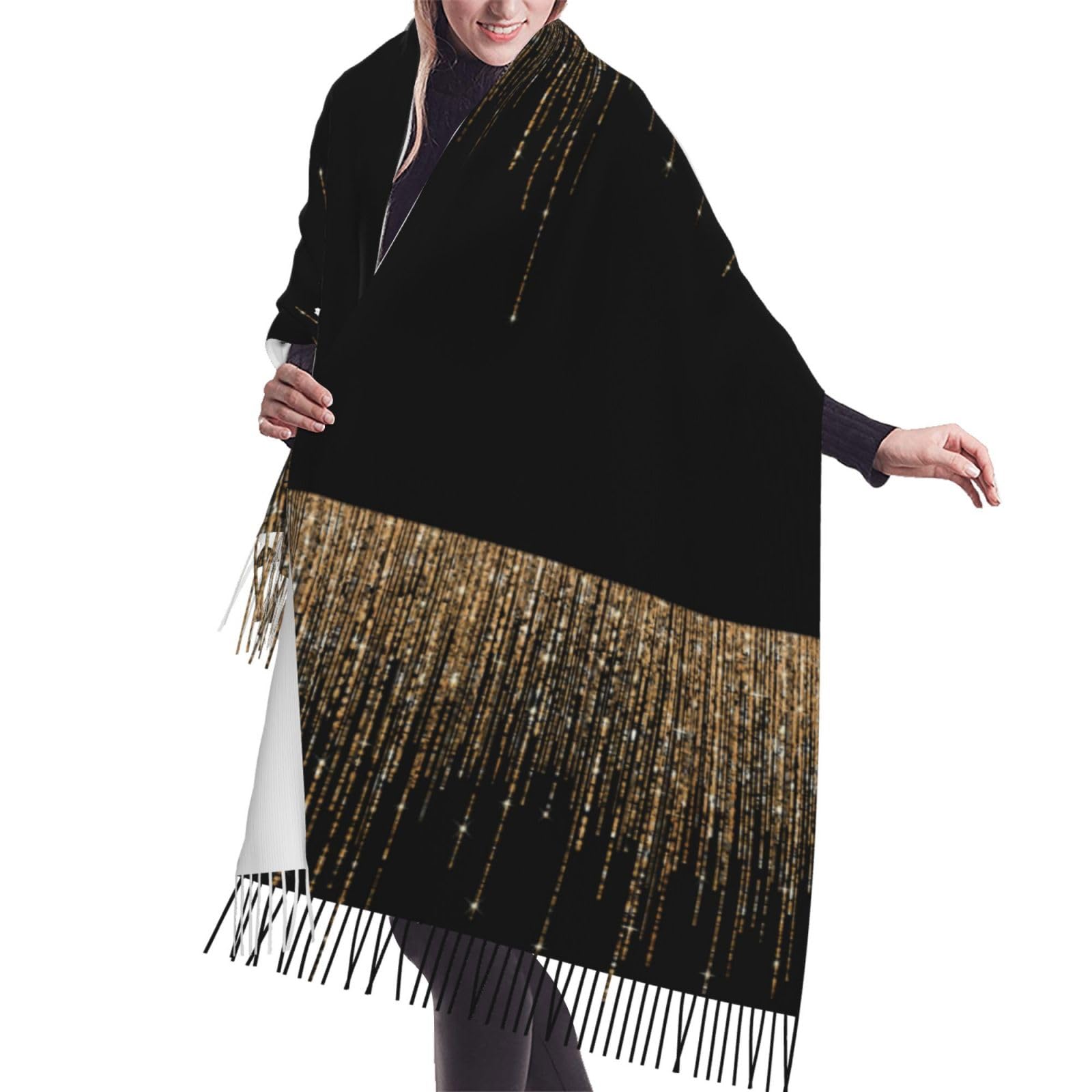Kongny Unisex As Picture Black Gold Sparkly Glitter Women Fringed Scarf Large Soft Cashmere Feel Shawls Wraps Light Stole 196X68 Cm