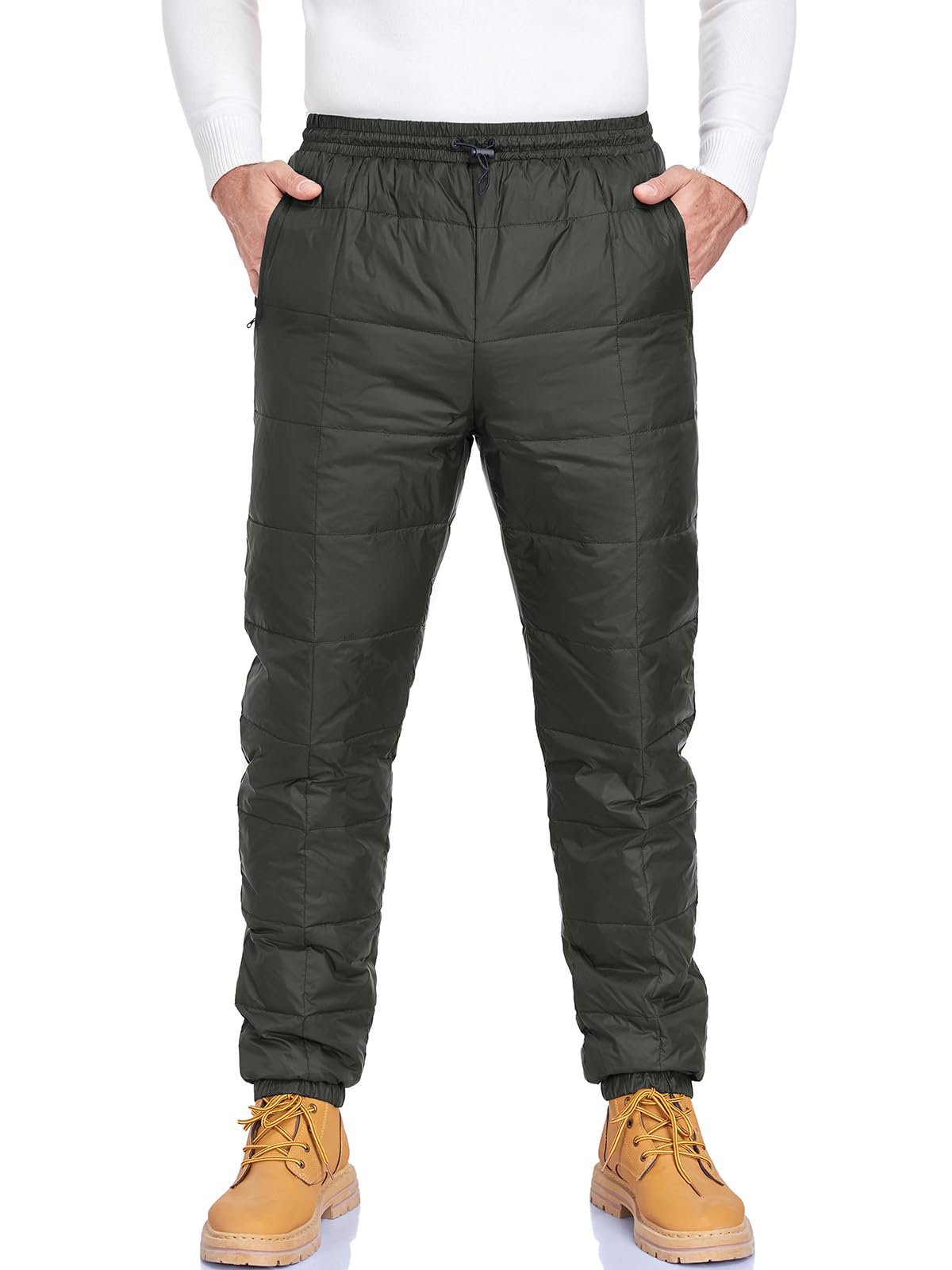 HOTIAN Pantalones térmicos de invierno para hombre ultraligeros con relleno térmico, a prueba de viento, pantalones aislados para camping al aire libre con bolsillos con cremallera