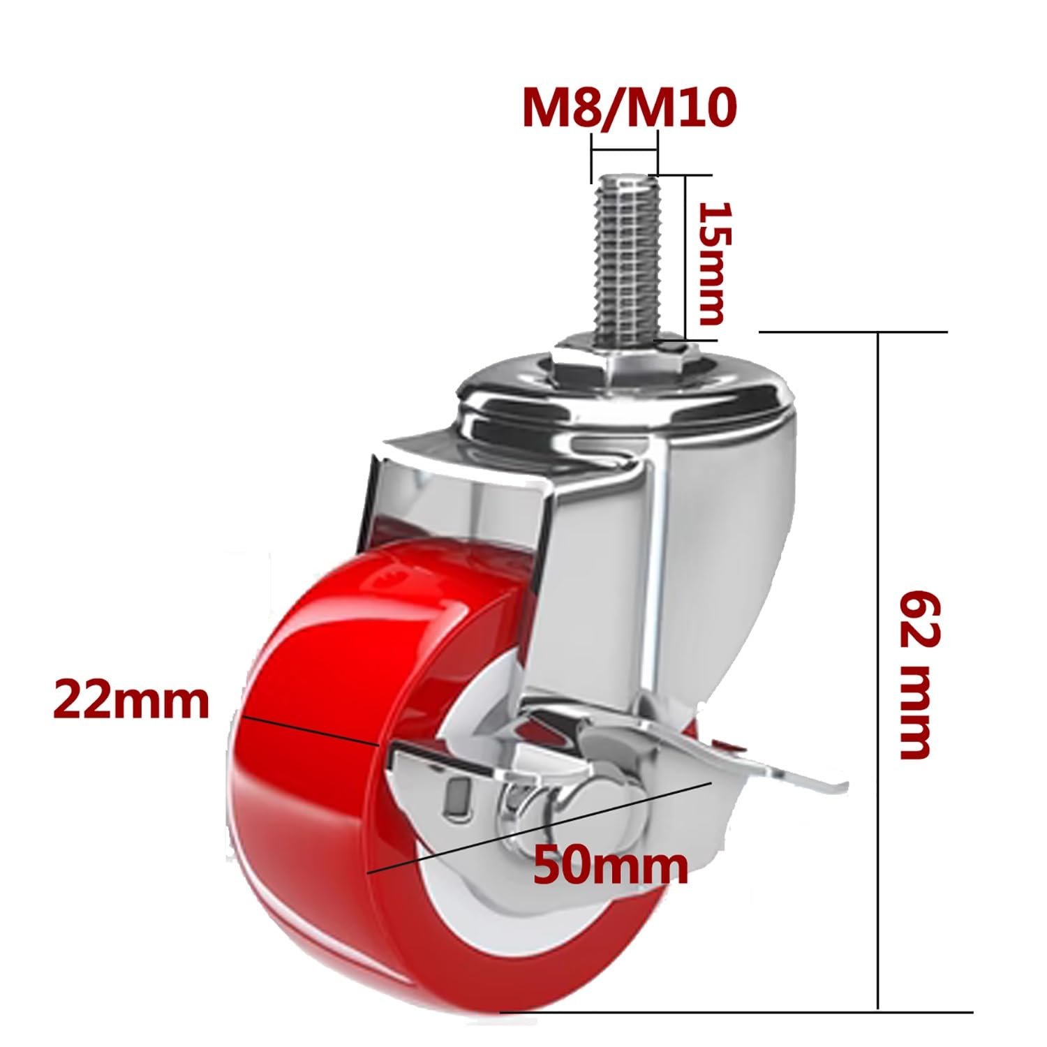 Confezione da 4 rotelle per mobili da 2 Pollici con Perno filettato M8/10,Ruote girevoli in PU Resistenti,Antiscivolo e silenziose con bloccaggio,Ideali per armadi e mobili.