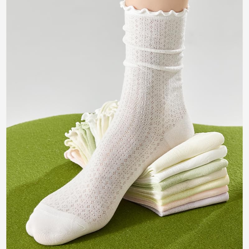 Female summer thin mesh breathable pure cotton tube wood ear lace white pile socks boneless moon socks mixed color *5 pairs4