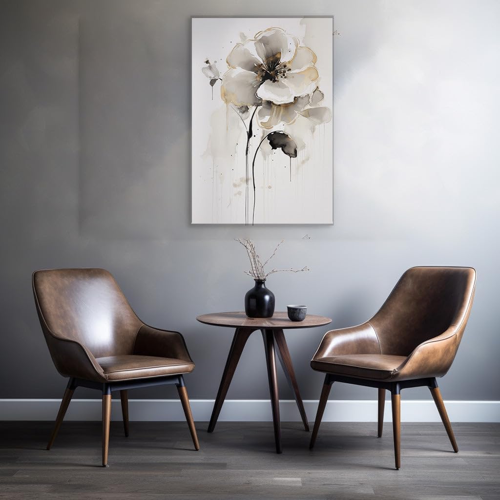 Canvas for Living room. Elegance in Contrast Monochromatic Florals with a Touch of Gold, 27 x 18 inch Canvas Wall Art - Ready to Hang
