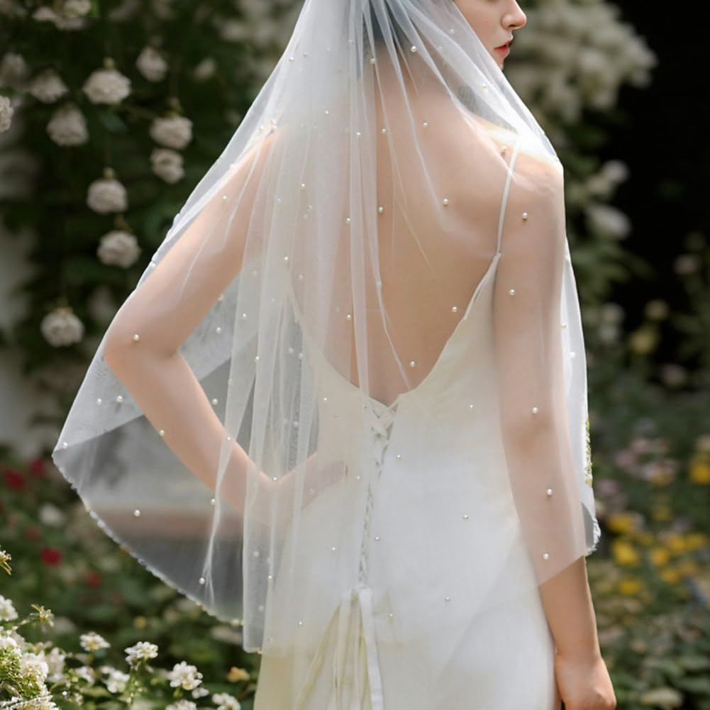 Brautschleier Perlen Weiß Hochzeitsschleier Elegent Kirche Braut Schleier 1 Stöckig Weicher Tüll Perlenschleier Haarschmuck für Hochzeit Junggesellinnenabschied mit Kamm 300cm