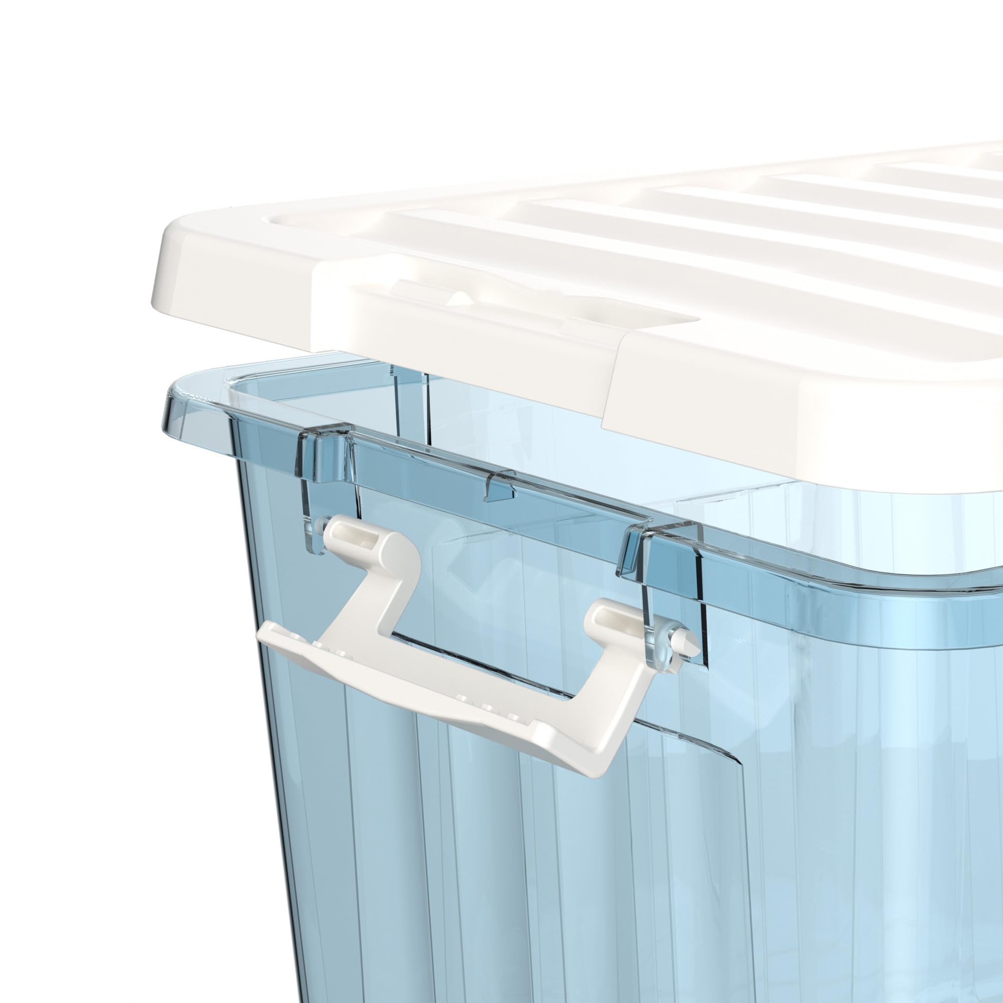 Cetomo 15L*3 Cajas de Almacenamiento con Tapas, Contenedores de Plástico con Broches de Enganche, Clip On, Apilables, Encajables, Organizador Rayado para Ropa Juguetes Armario, Azul Claro, 15L-3 Pack