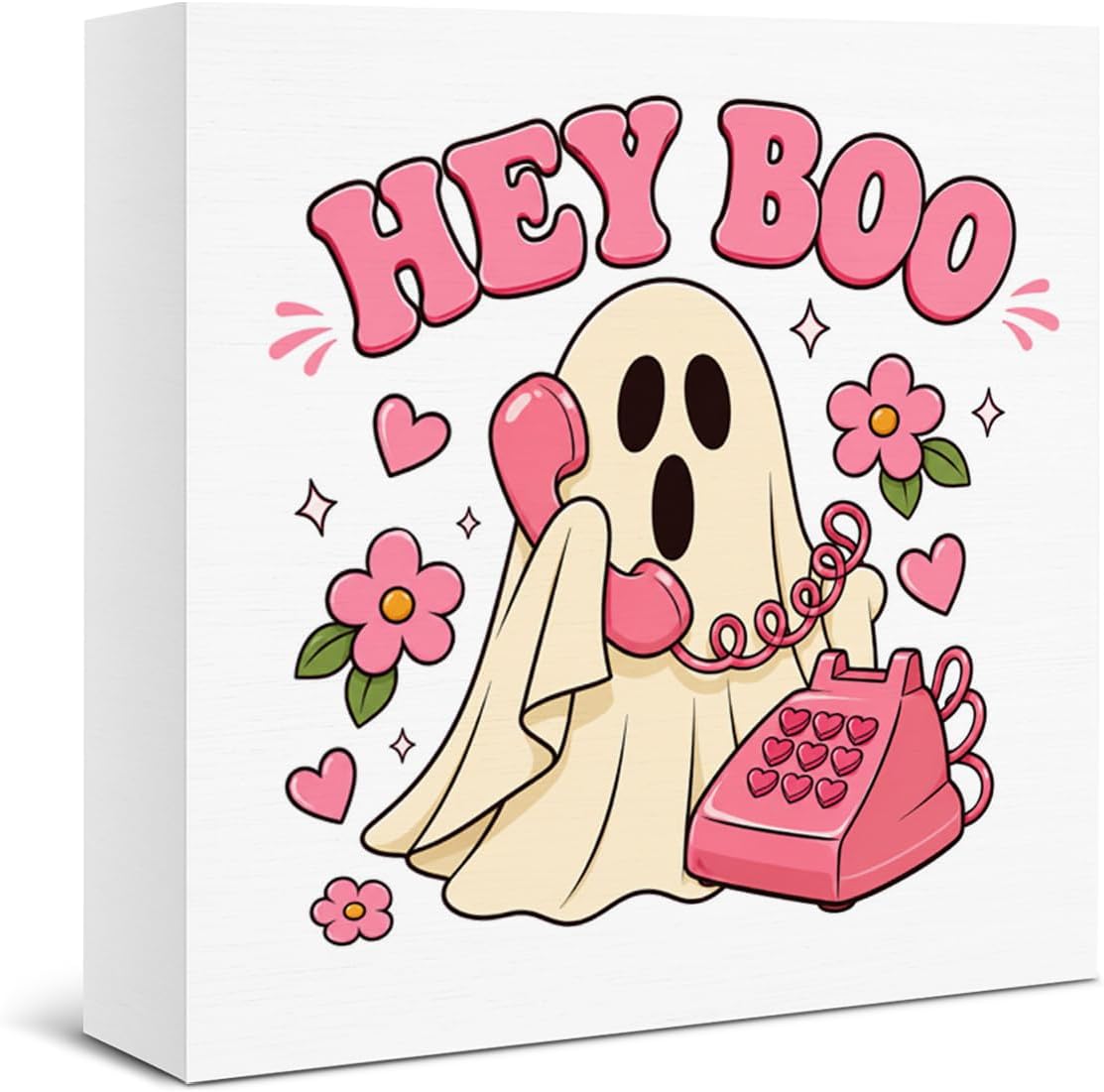 Halloween Decor Hey Boo Ghost Romantic Wooden Box Sign Desk 5x5 Inch