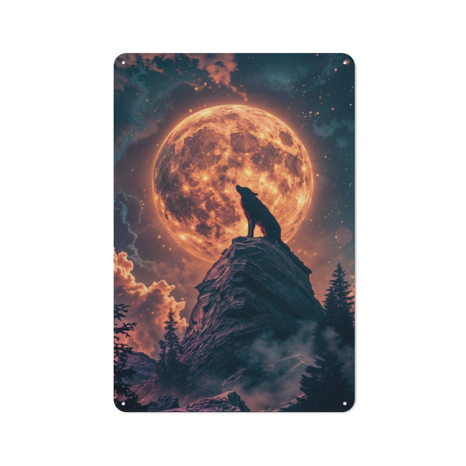 Junmoney Wolfs Lunar Serenade Metal Gift Sign 30X20cm, Decorative Room Wall Plaque For Bedroom, Kitchen, Office Or Living Room