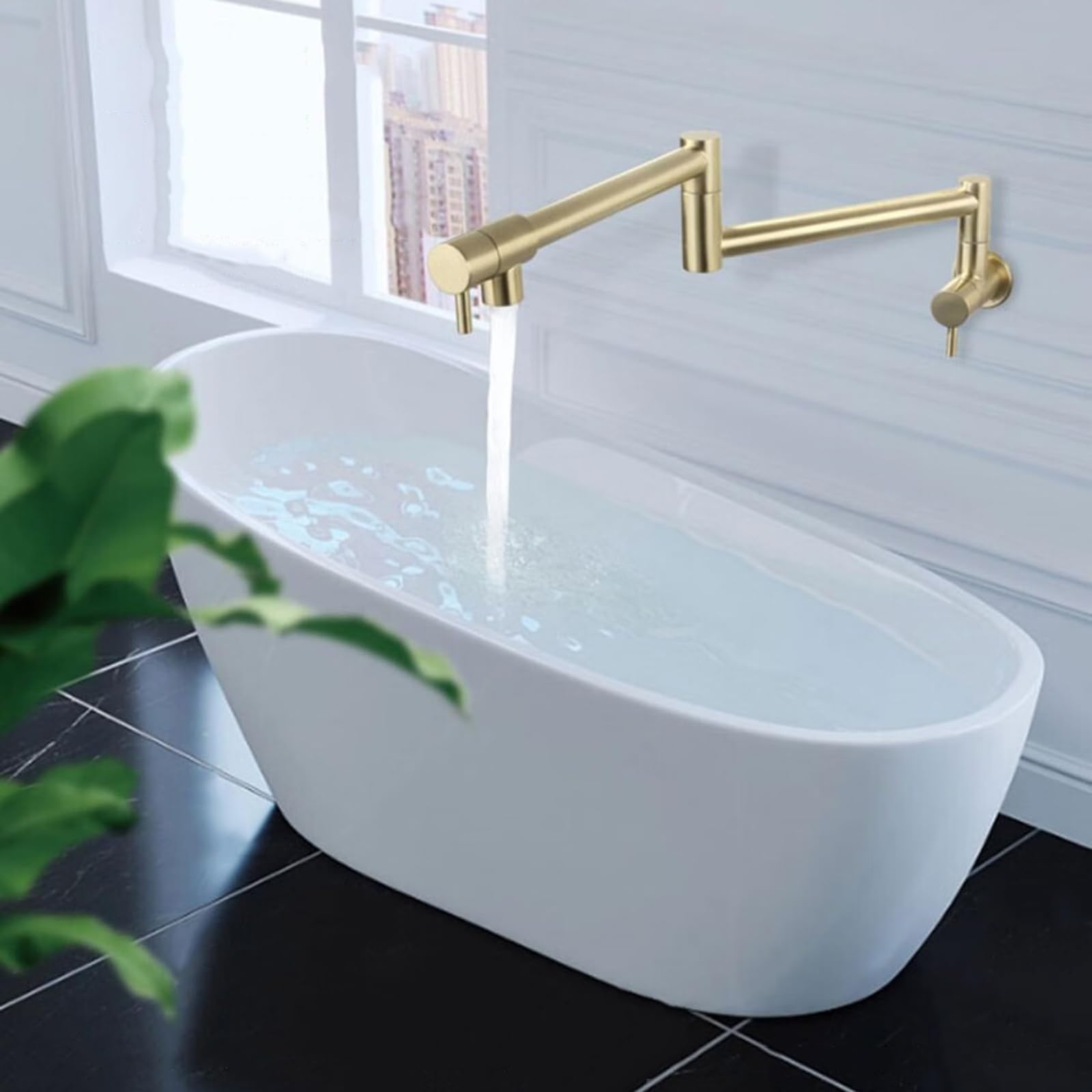 Grifo Cocina Pared Agua Fria Brazo Oscilante de Doble Sección Orificio Único Grifos de Llenado de Ollas Telescópico Plegable Acero Inoxidable,Oro Cepillado