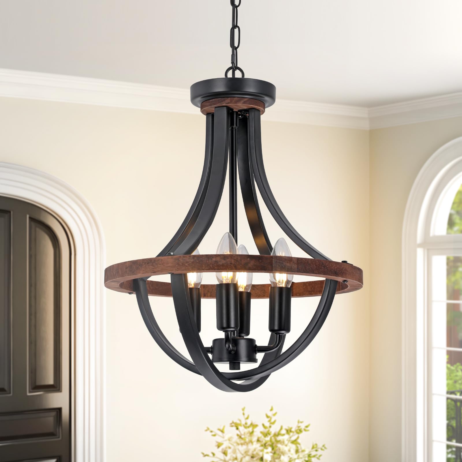 Farmhouse Wood Chandelier Light Fixture,4-Light Country Rustic Wood Pendant Lighting Height Adjustable Hanging Ceiling Light for Dining Room Kitchen Entryway Living Rooms, Hallways, Bedrooms, Foyers.