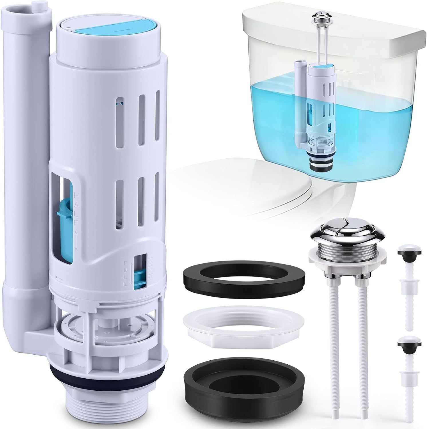 Kit de repuesto de tanque de inodoro de 3 pulgadas, kit de repuesto de válvula de descarga doble de 3 pulgadas con tubo de desbordamiento de botón, reparación universal de válvula de inodoro para la