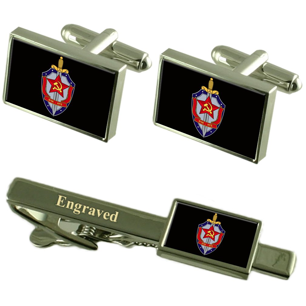 Select Gifts KGB Spy Secret Agent Militairy USSR Flag Cufflinks Engraved Tie Clip Set