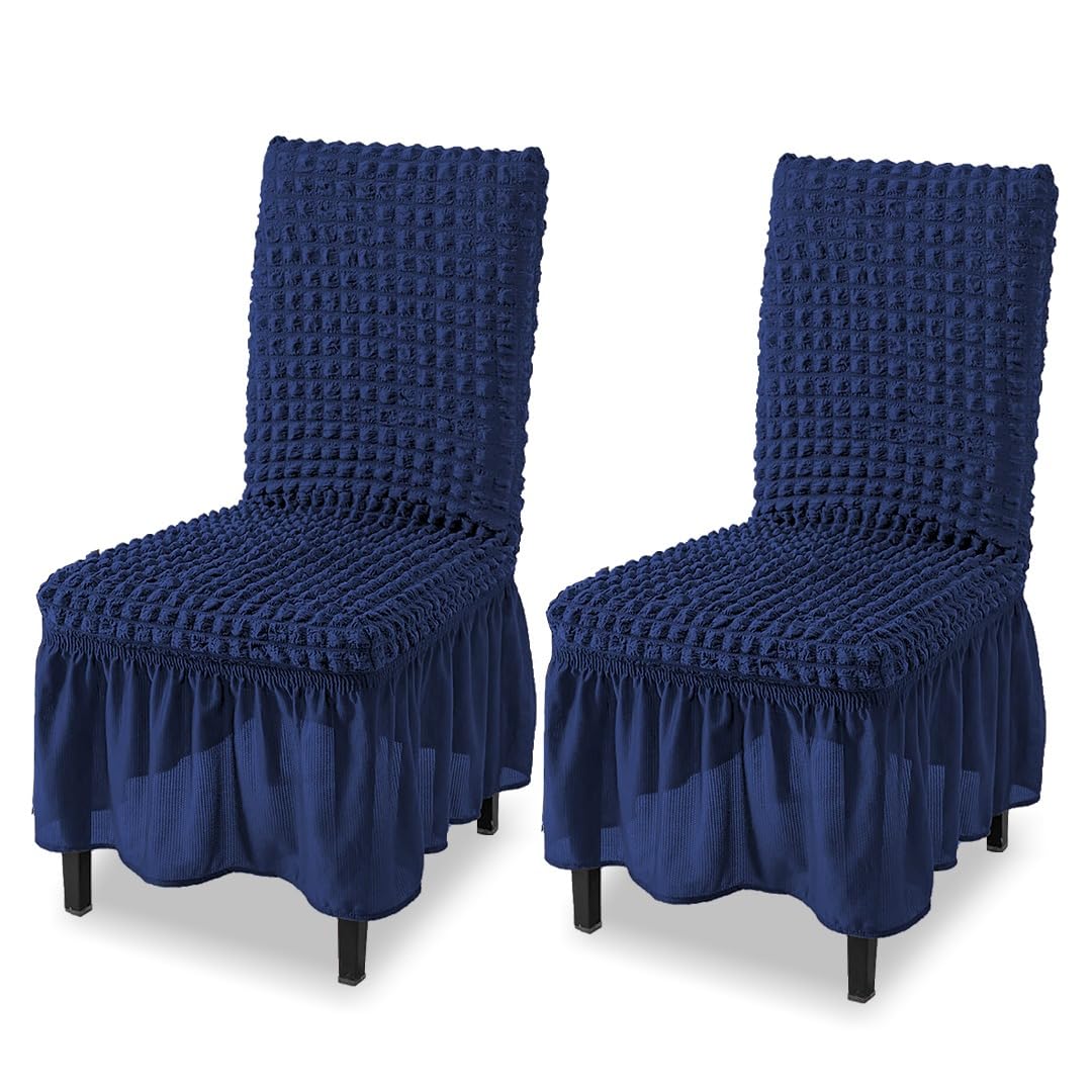 TONY STARK Polyester Turkish Bubble Frill Chair Cover Stretch Removable Washable Short Dining Chair Cover Protector Seat Slipcover (Navy Blue, Pack of 2)-image-13