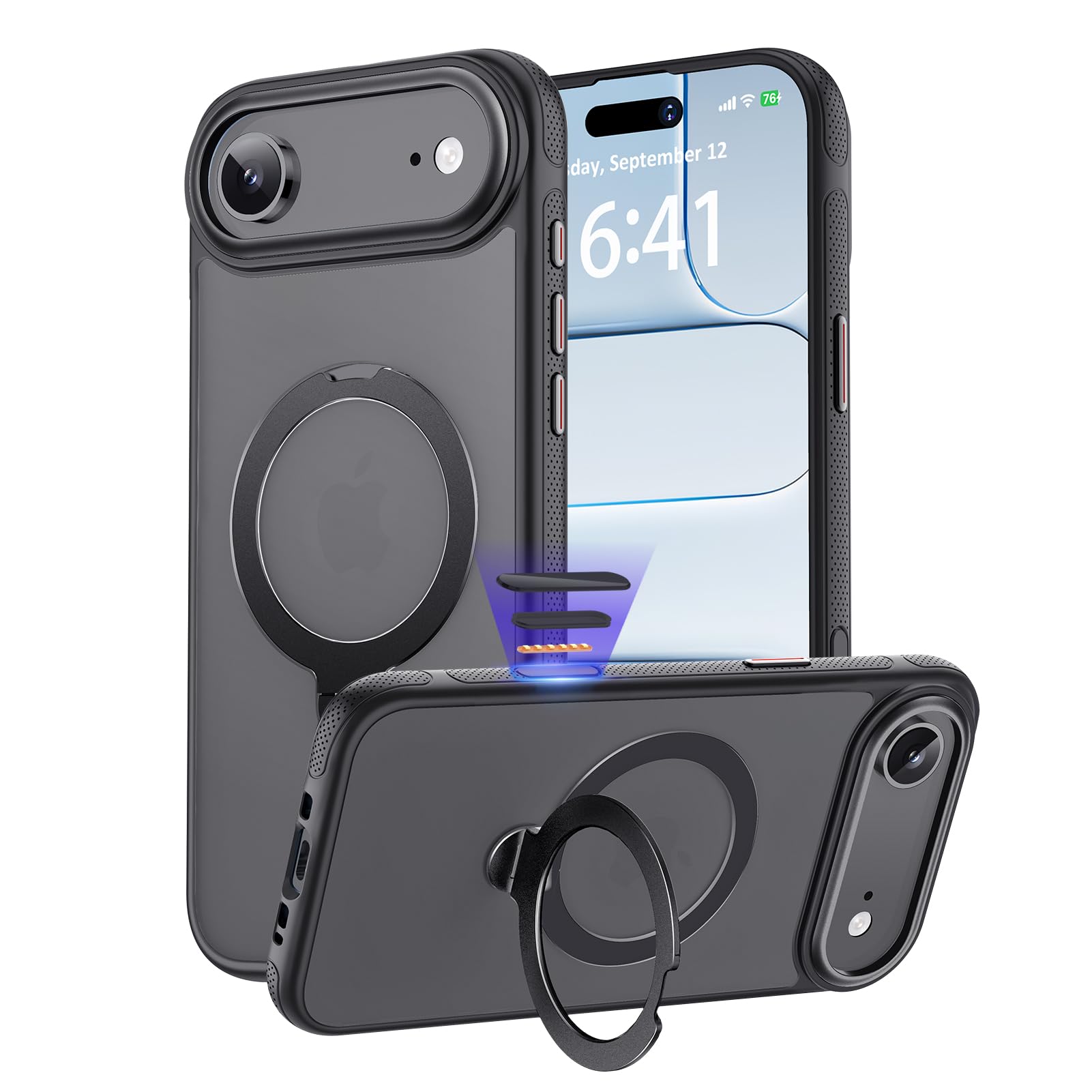 KISECASE iPhone Air 用 ケース 極薄 Magsafe 対応 磁気リング 定点360度回転スタンド 耐衝撃 (半透明＋ブラック)
