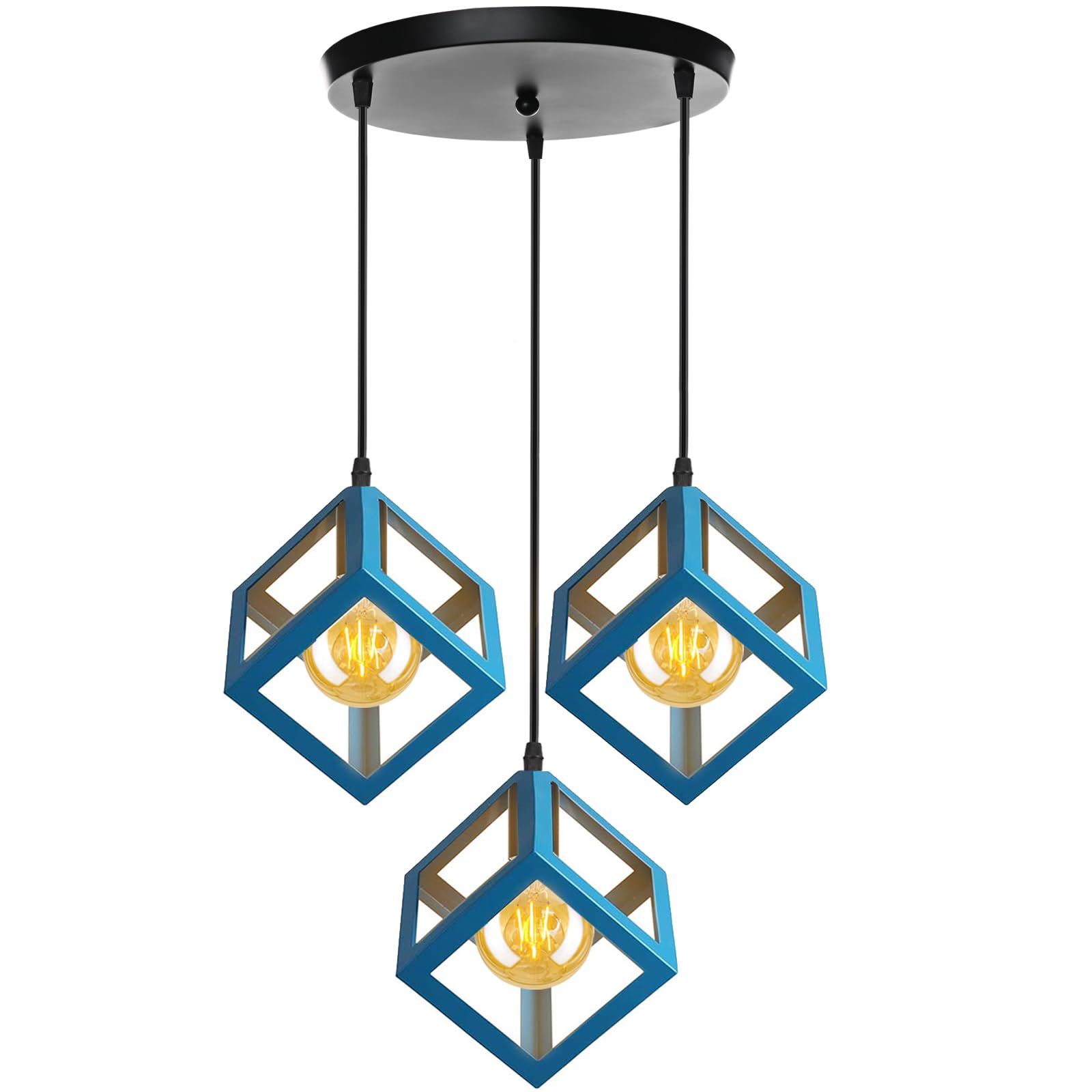 Lampada a Sospensione E27 Industriale Vintage Lampadario soggiorno Forma Cubo Gabbia Metallo Paralume Ø22cm Retrò Lampada da soffitto Cucina Soggiorno (Blu, una base di 30 cm)