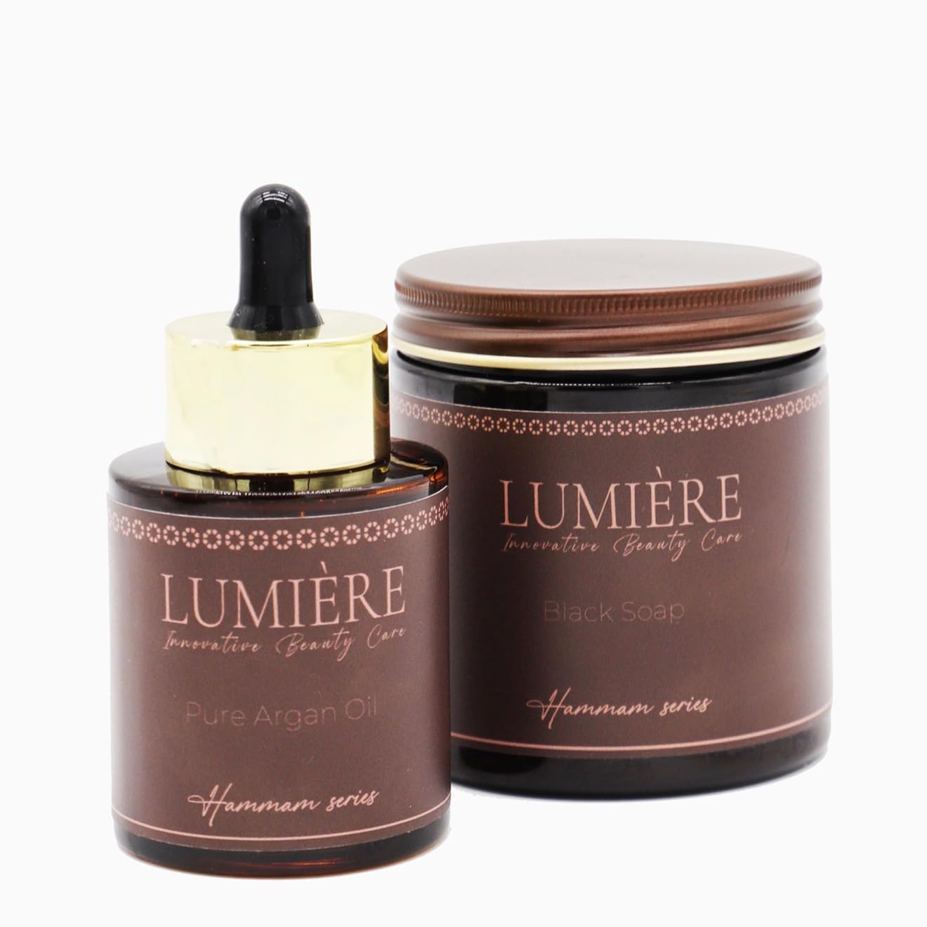 LUMIÈRE INNOVATIVE BEAUTY CARE –Set Hammam Sapone Nero con Olio Essenziale di Eucalipto + Olio di Argan 100% Biologico + Guanto Esfoliante | Kit Spa Pulizia Profonda, Nutrimento e Pelle Morbida