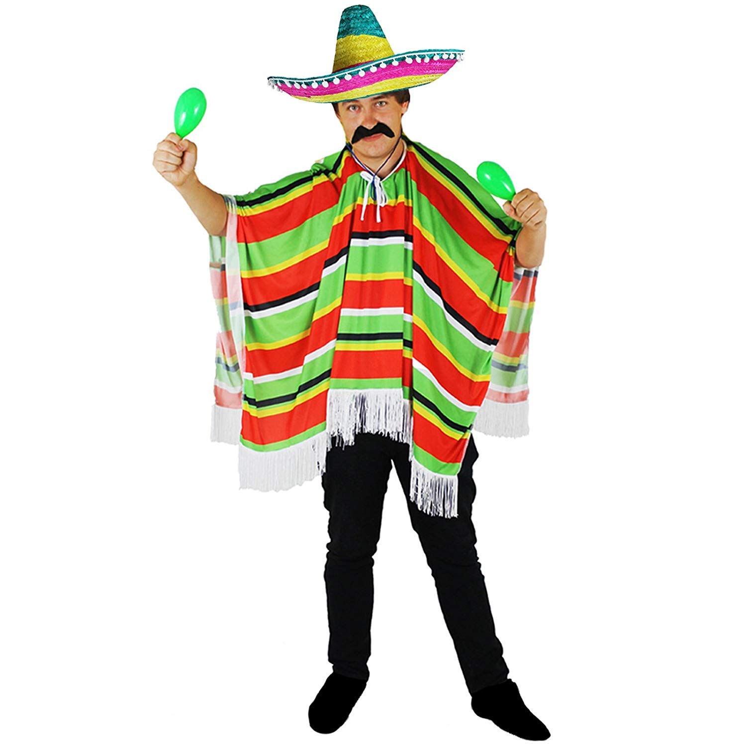 MEXICAN MULTI COLOURED PONCHO + MULTI COLOURED SOMBRERO WITH POM POM EDGING + MEXICAN STYLE TASH AND CIGAR PERFECT FOR ANY ADULTS FANCY DRESS PARTY FOR MEN OR WOMEN — image 1