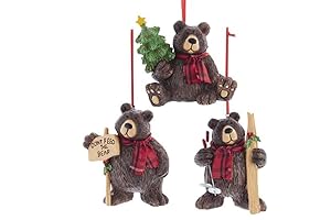 Kurt Adler Lodge Bears in Red Plaid Scarves Ornaments