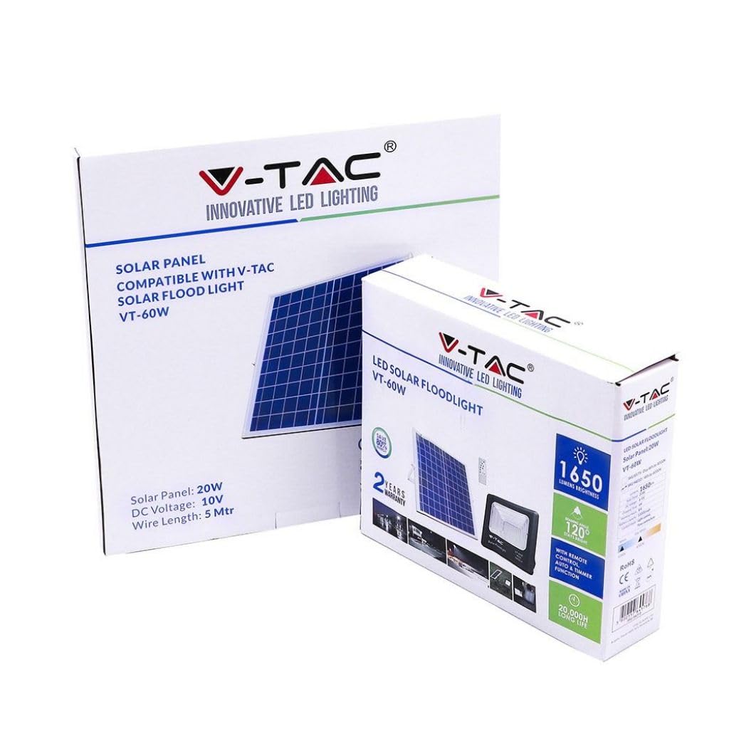 V-TAC reflektor LED 60 W z panelem słonecznym i pilotem zdalnego sterowania, czarny