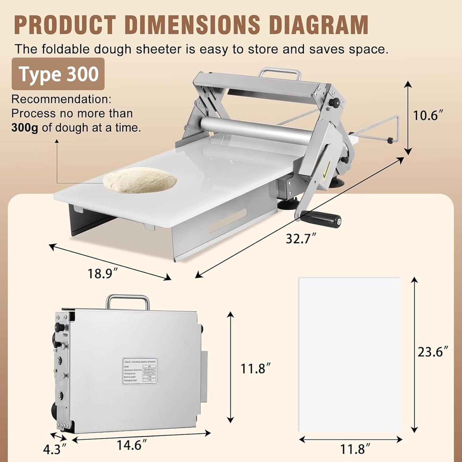 Sfogliatrice Manuale, Spessore Regolabile, Sfogliatrice In Acciaio Inox, Pieghevole, Per Preparare La Base Del Fudge, Impasto Per Pizza Commercial(Model-300)